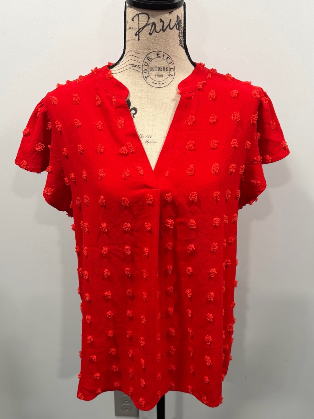 Source Unknown Red Pom-Pom V-Neck Flutter Sleeve Top